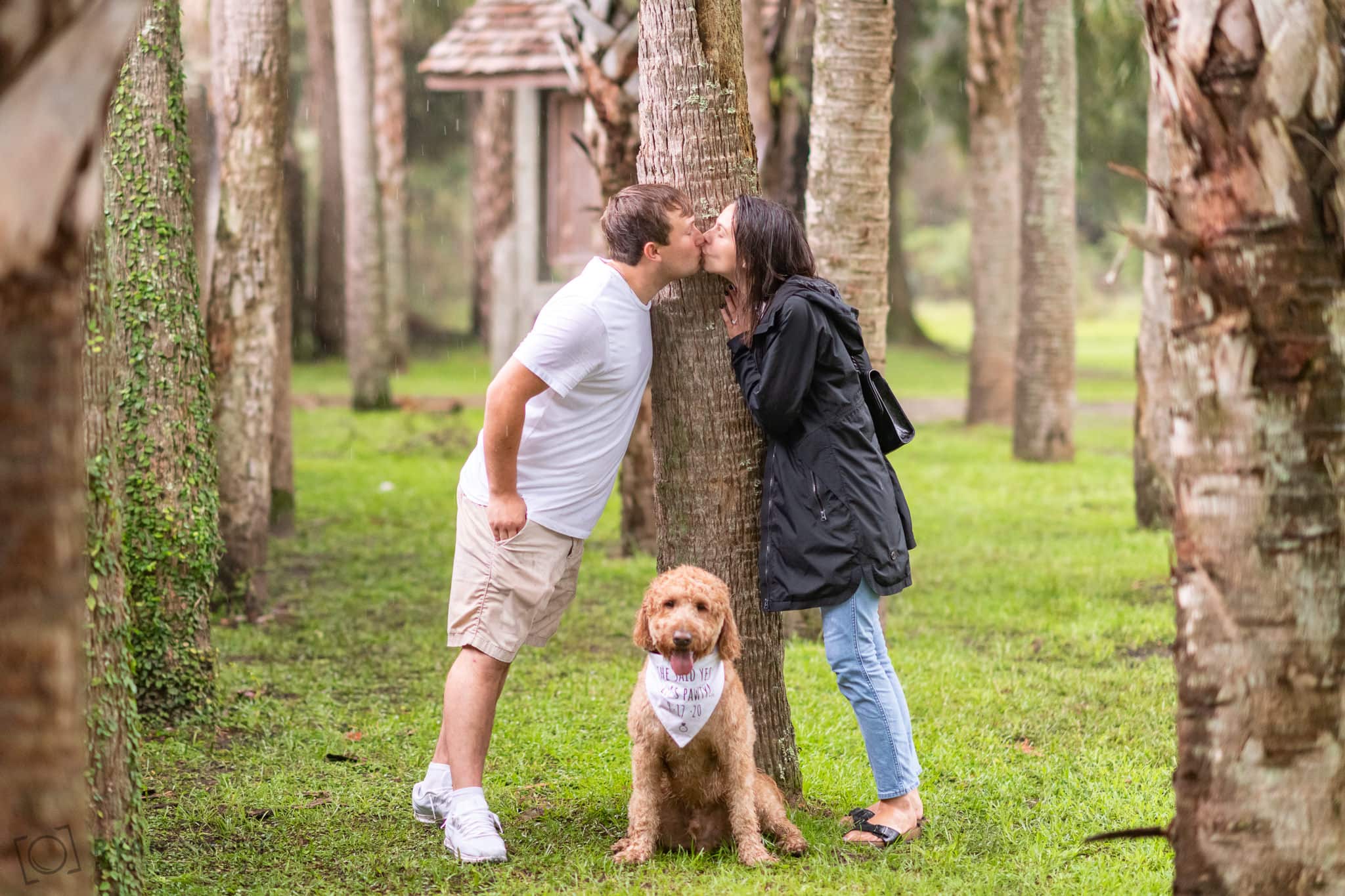 Engagement pictures in the pouring rain with their dog  - Huntington Beach State Park