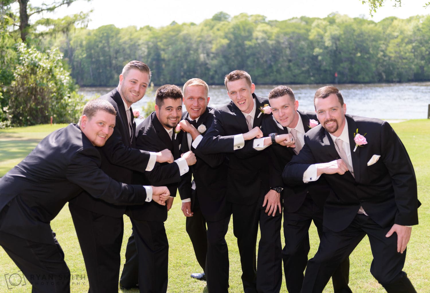 Pictures with groomsmen before the ceremony - Wachesaw Plantation