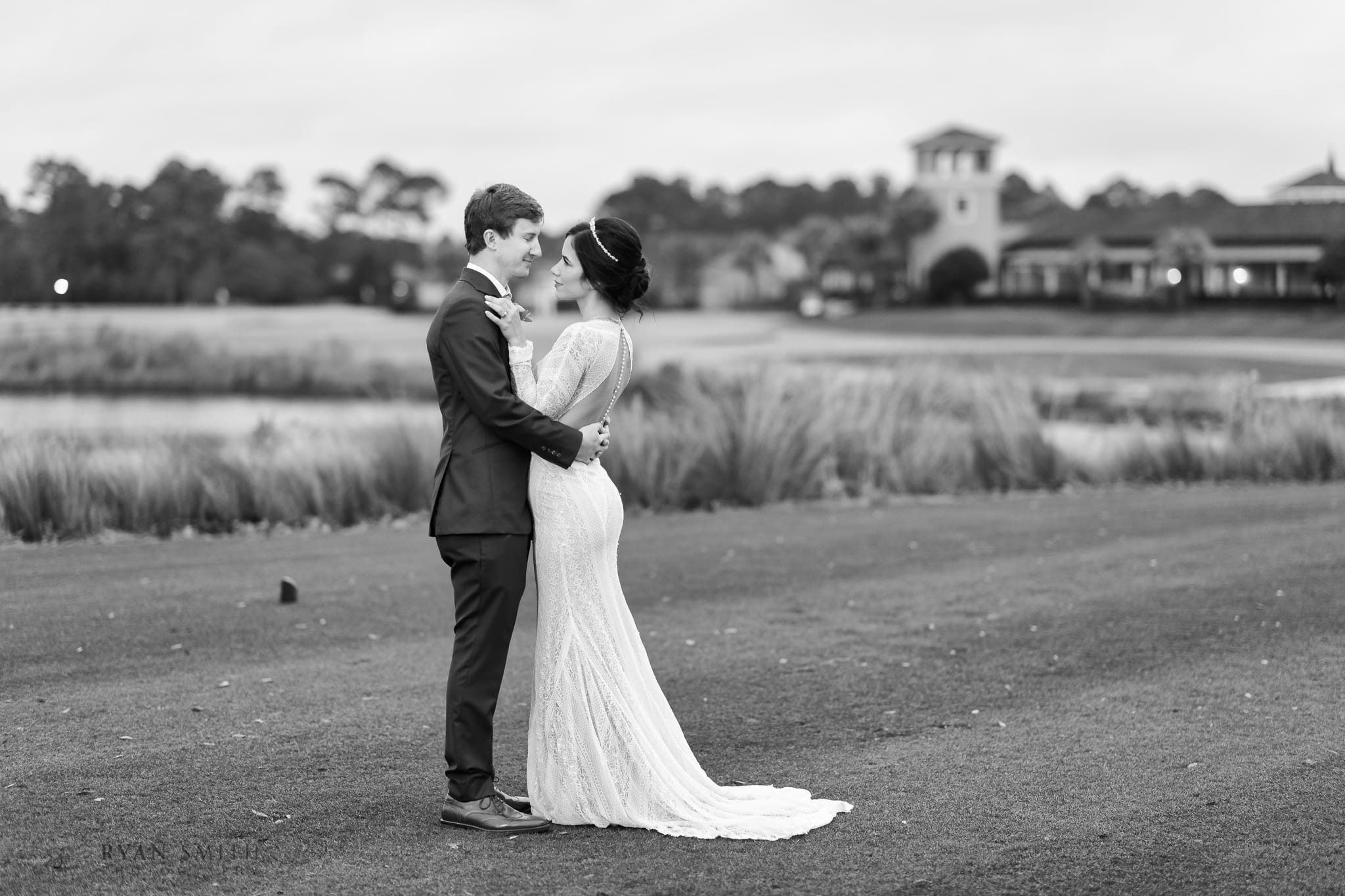Black and white portrait of bride and groom on the golf course - Grande Dunes - Myrtle Beach