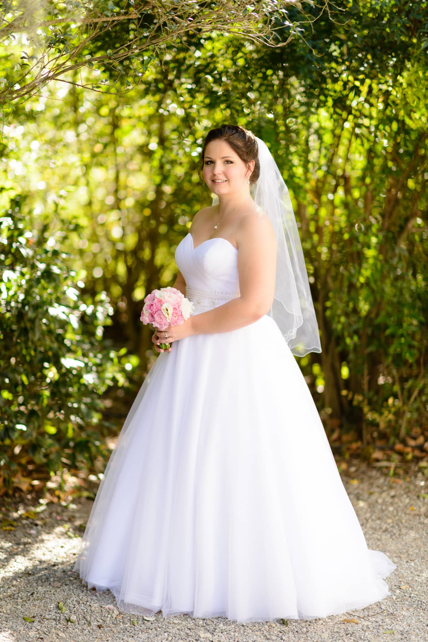 Bride standing in front of the light filtering through the foliage  - Magnolia Plantation