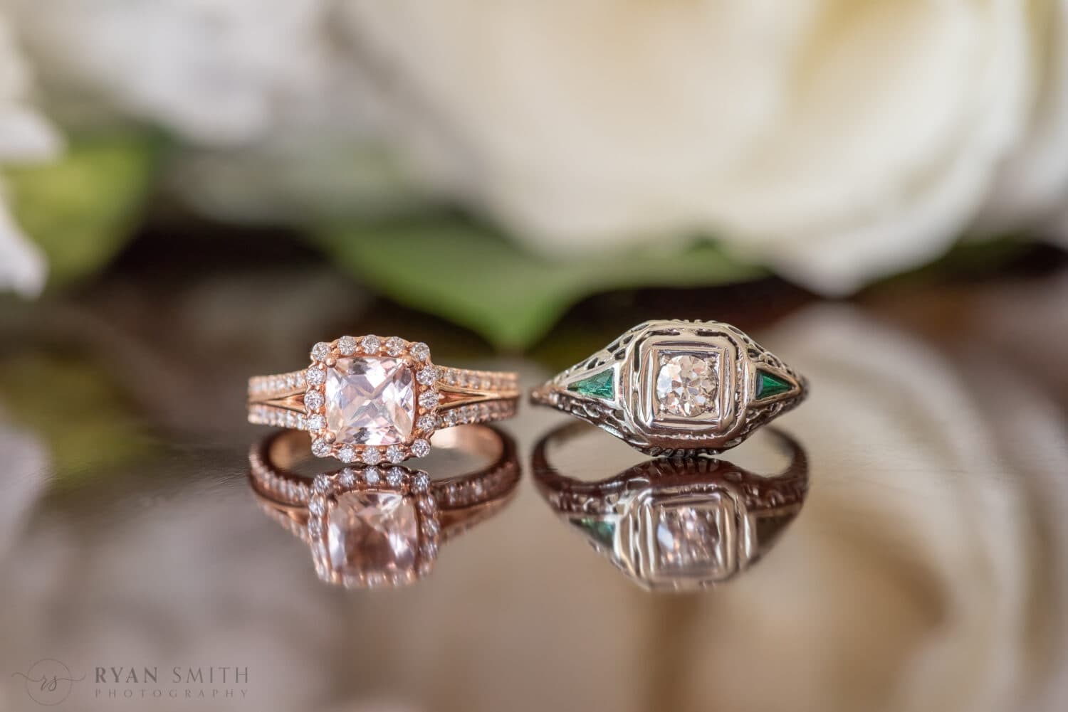 Amazing ring macro shot with bride and groom's diamond rings - Kimbels at Wachesaw Plantation