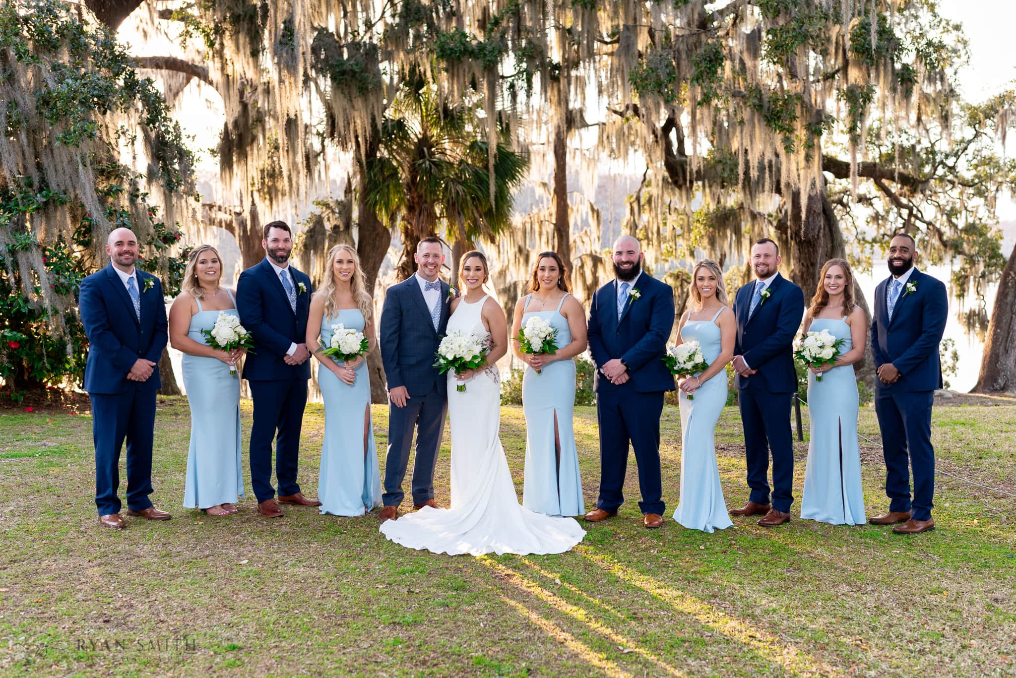 Bridal party portrait by the oaks - Kimbels at Wachesaw Plantation