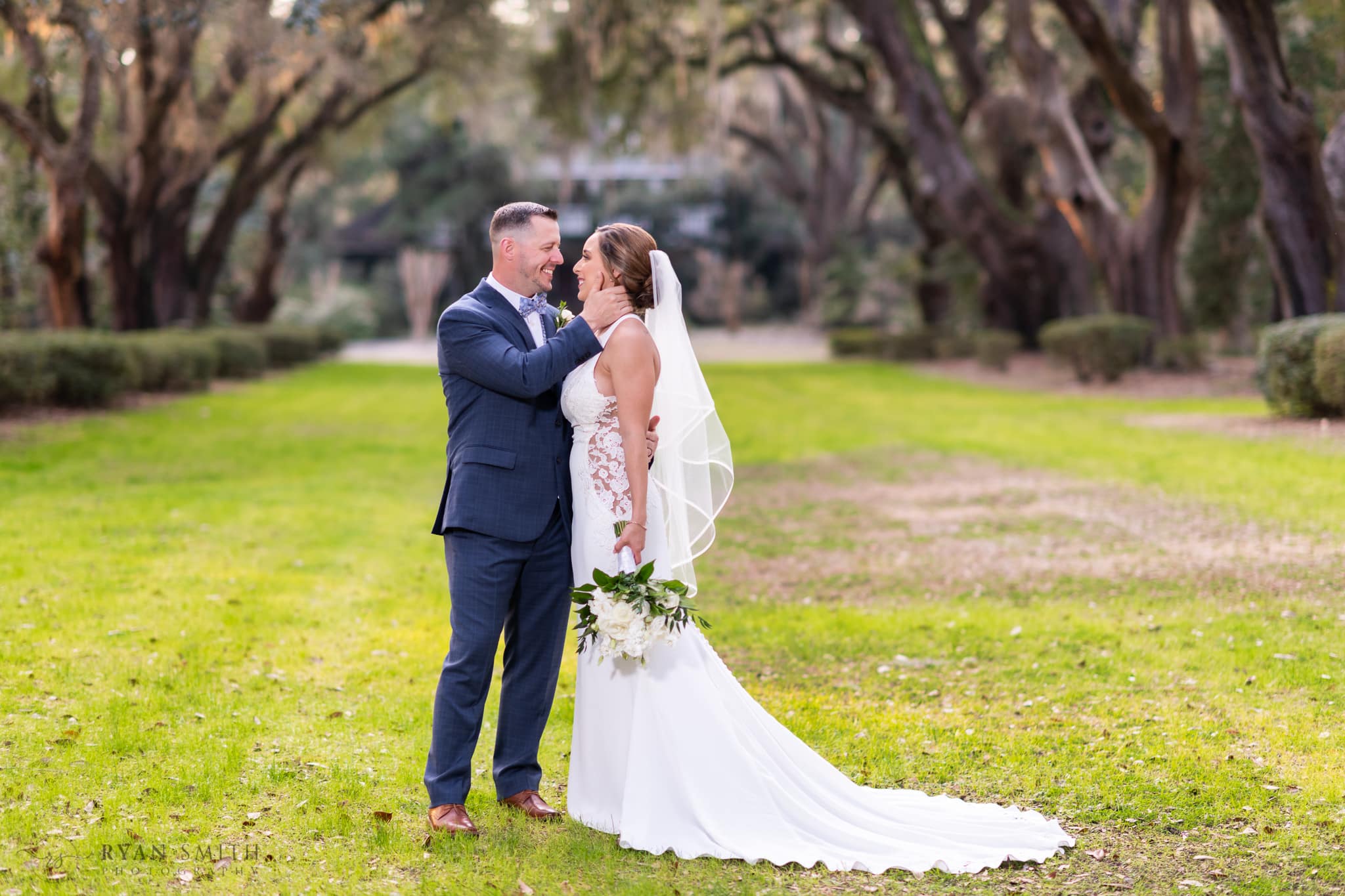 Portraits of the bride and groom on the Oak Allee  - Kimbels at Wachesaw Plantation