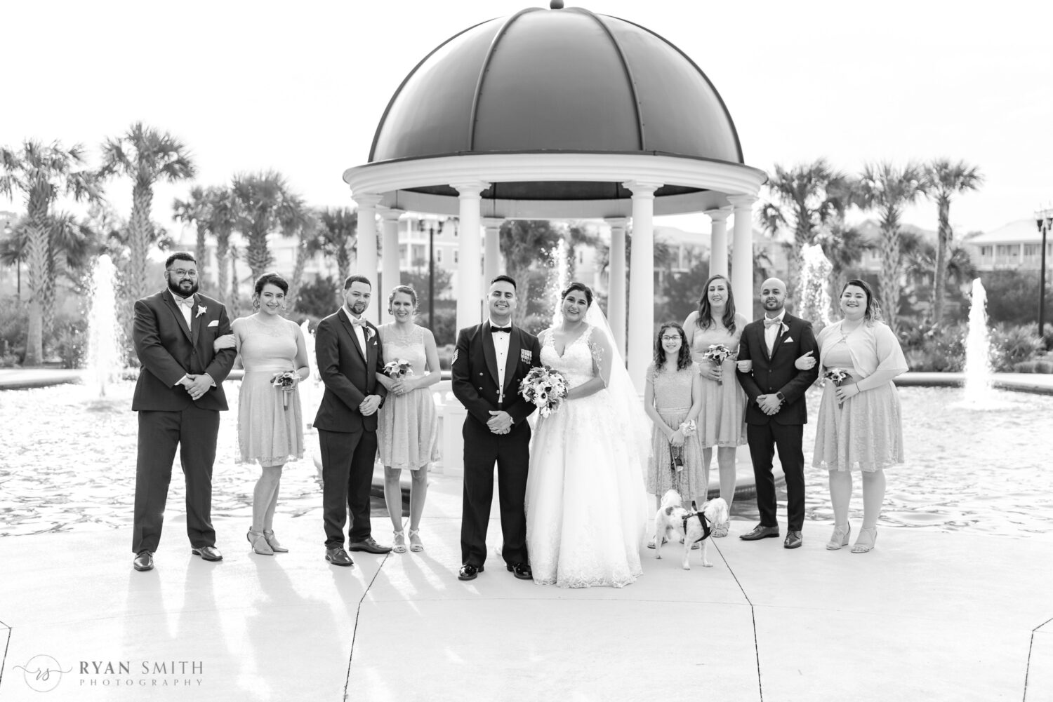 Black and white of bridal party in front of the gazebo  - 21 Main Events at North Beach