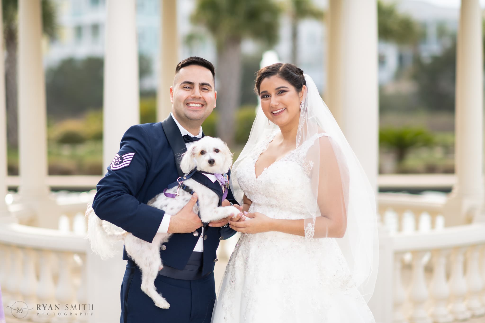 Bride and groom with their three leg doggie ring bearer  - 21 Main Events at North Beach