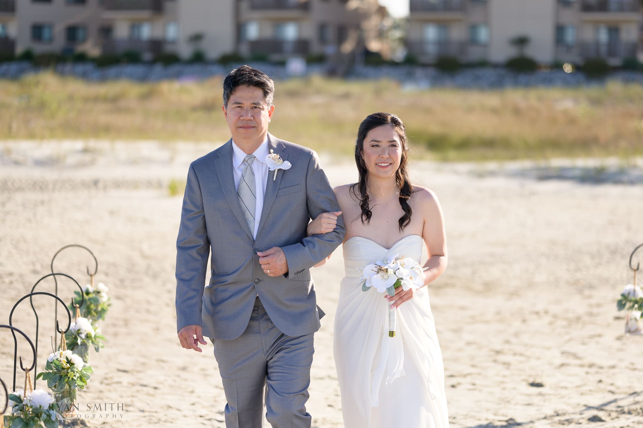 Bride and father walking down the beach - Cherry Grove Point - North Myrtle Beach