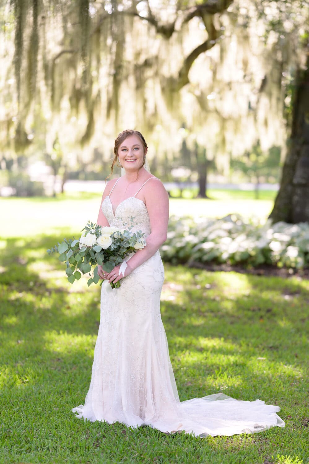 Bride standing under the beautiful moss hanging from the old tree - Magnolia Plantation
