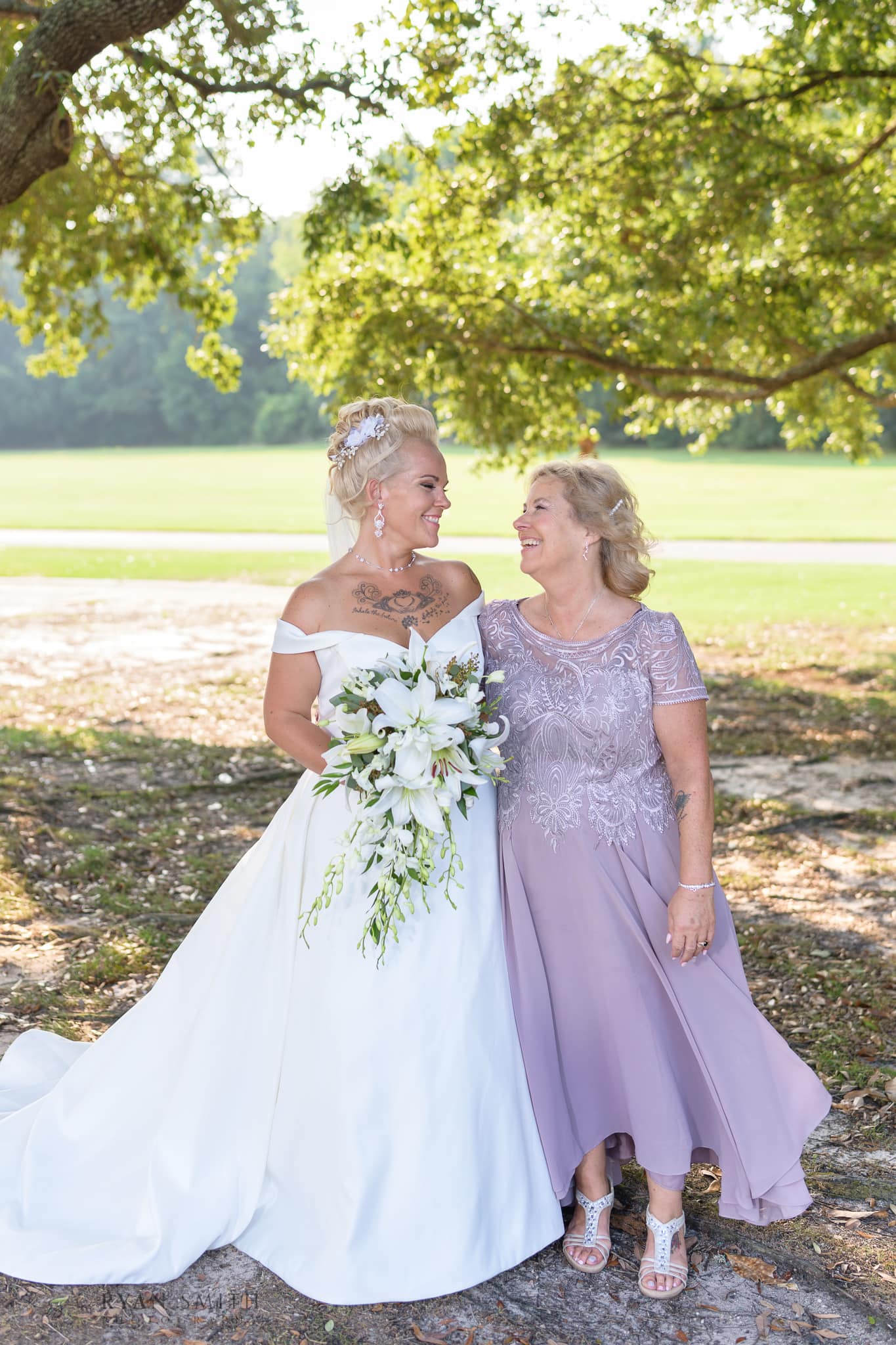 Mom and bride under the oaks - Wild Wing Plantation