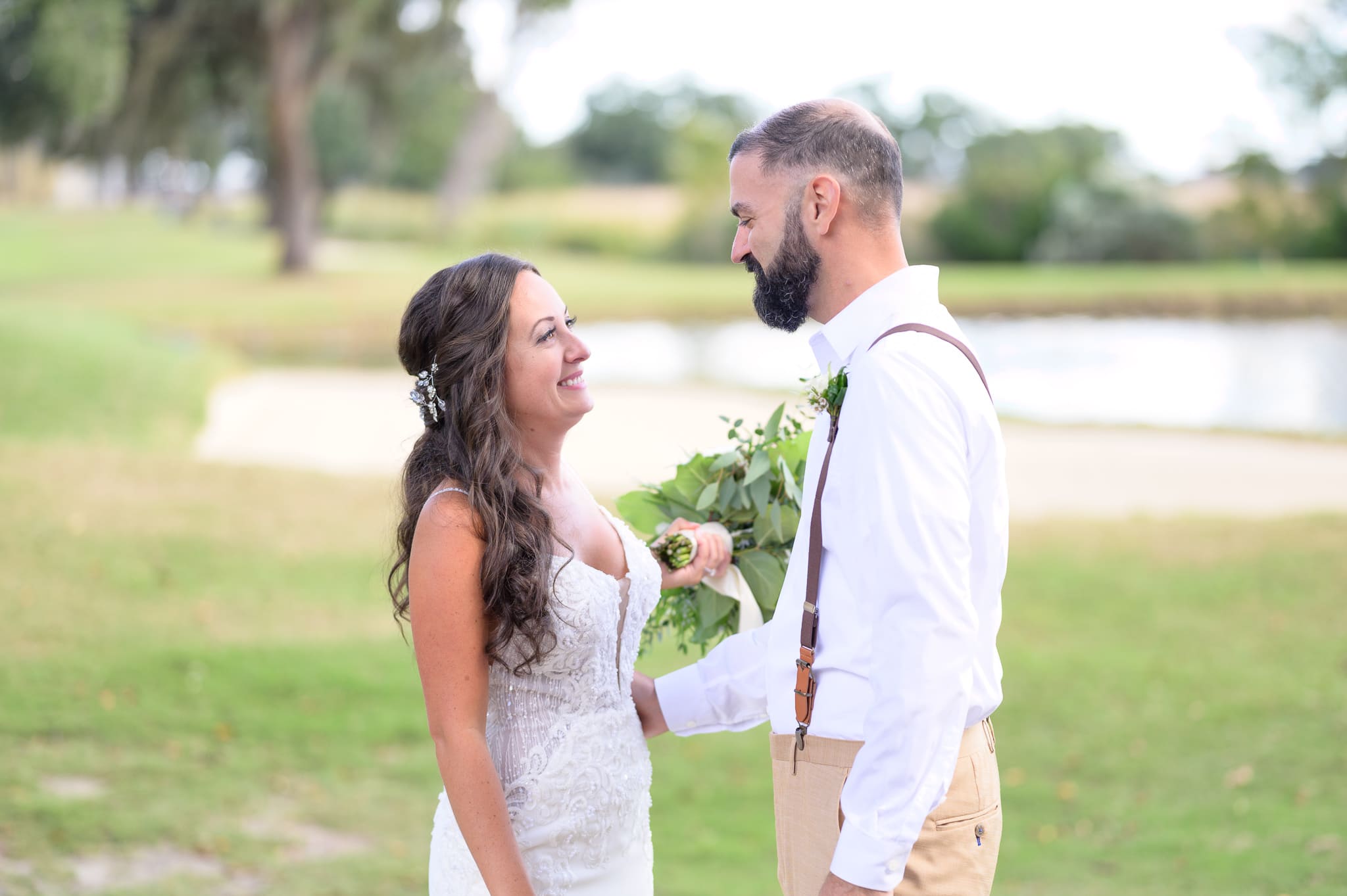 First look with bride and groom by the golf course - Pawleys Plantation