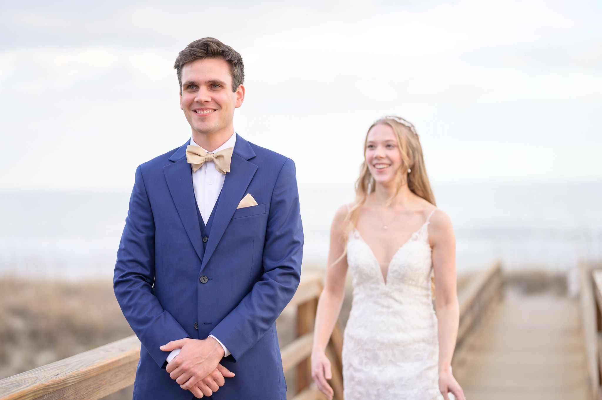 Happy first look with bride and groom on the beach boardwalk - Pawleys Island