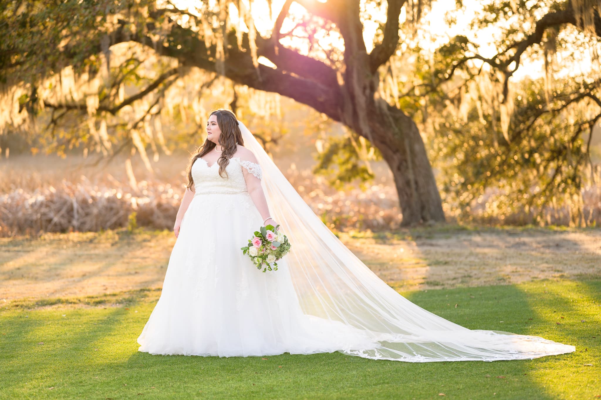 Bride backlit by the sunset - Pawleys Plantation Golf & Country Club