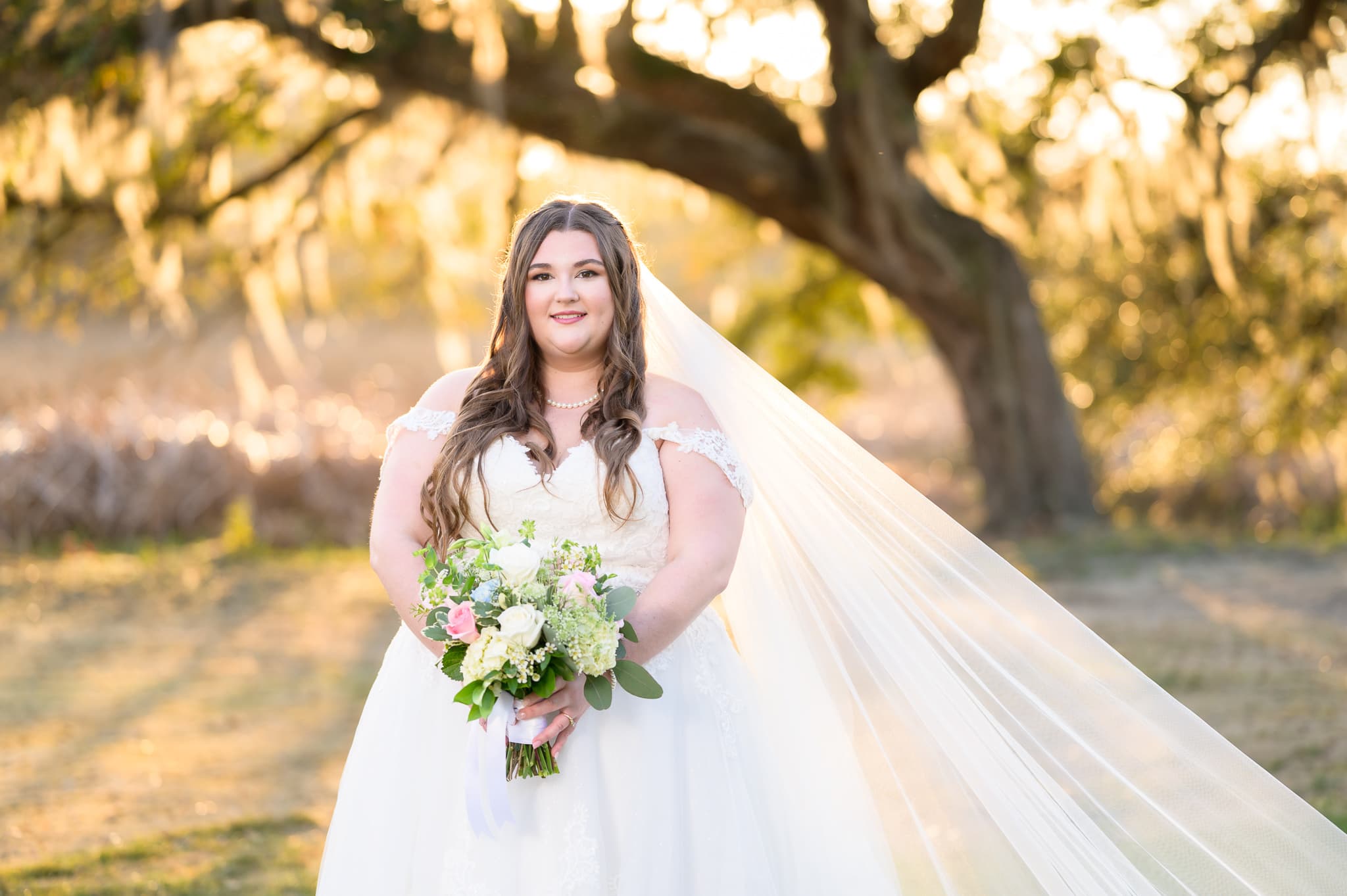 Closeup portrait of bride backlit by the sunset - Pawleys Plantation Golf & Country Club