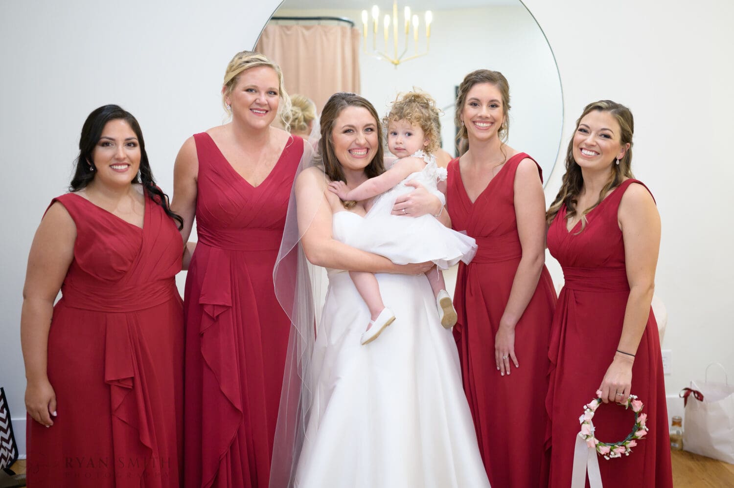 Bridesmaids with flower girl in the bridal suite before ceremony  - The Venue at White Oaks Farm