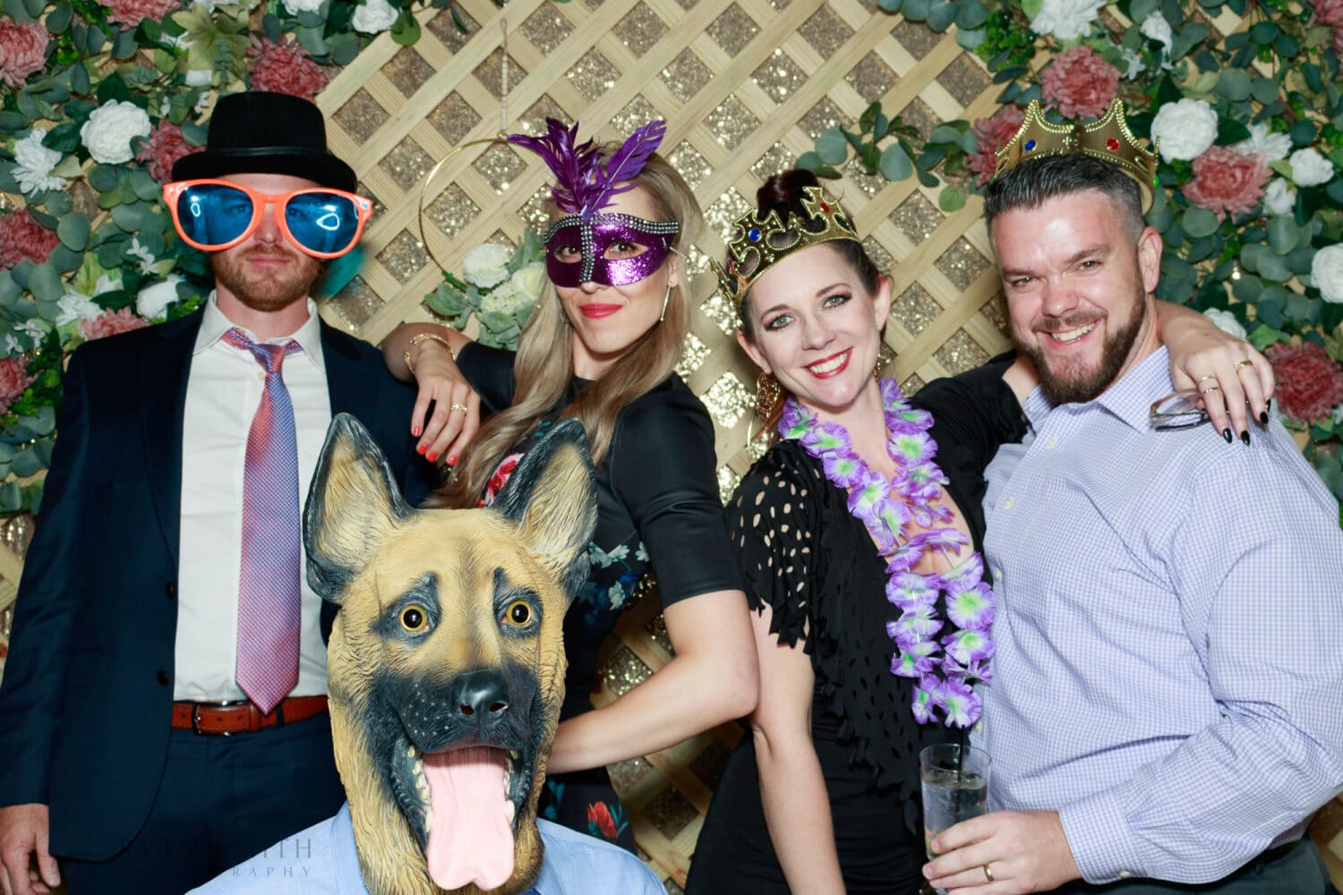 Fun photo booth pictures with a custom wooden lattice background - Pawleys Plantation Golf & Country Club