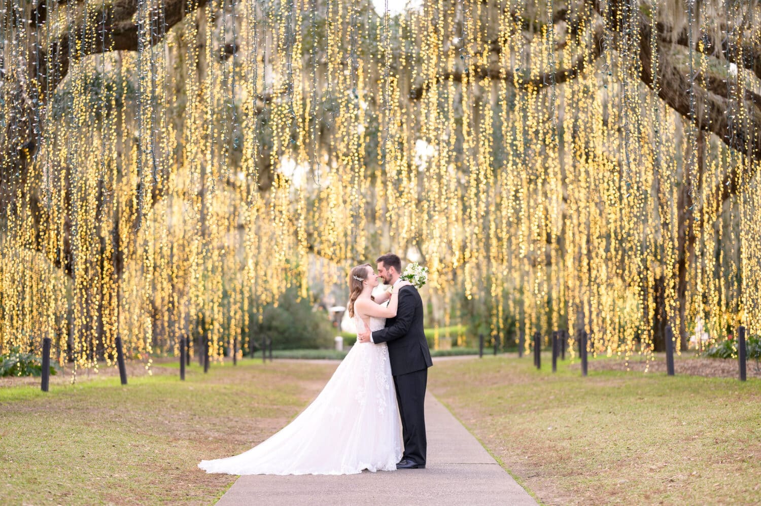 Bride and groom on the Live Oak Allee on the Night of a Thousand Candles - Brookgreen Gardens