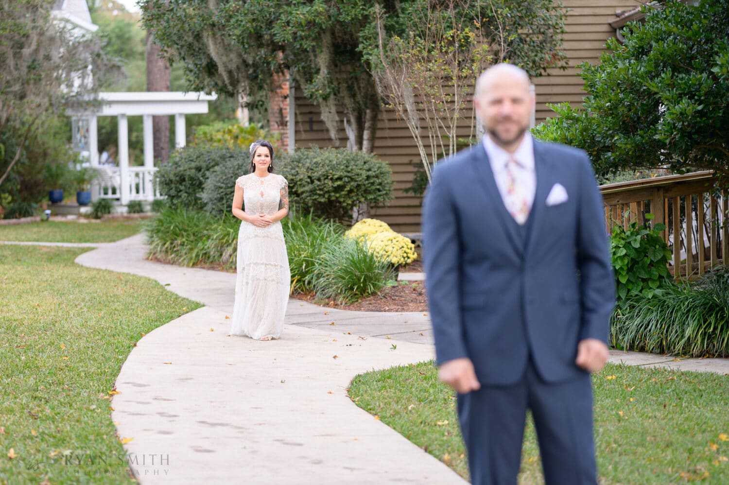First look with bride and groom behind the house - The Cooper House