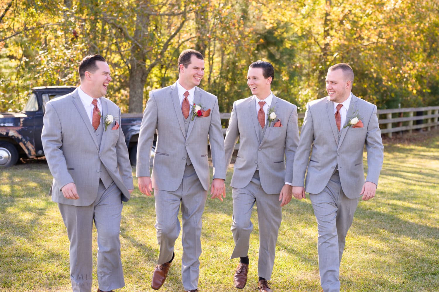 Groomsmen walking together - The Blessed Barn