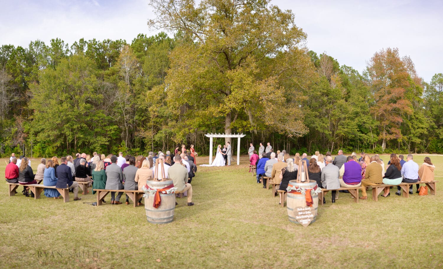 Panorama of the ceremony under the oak - The Blessed Barn