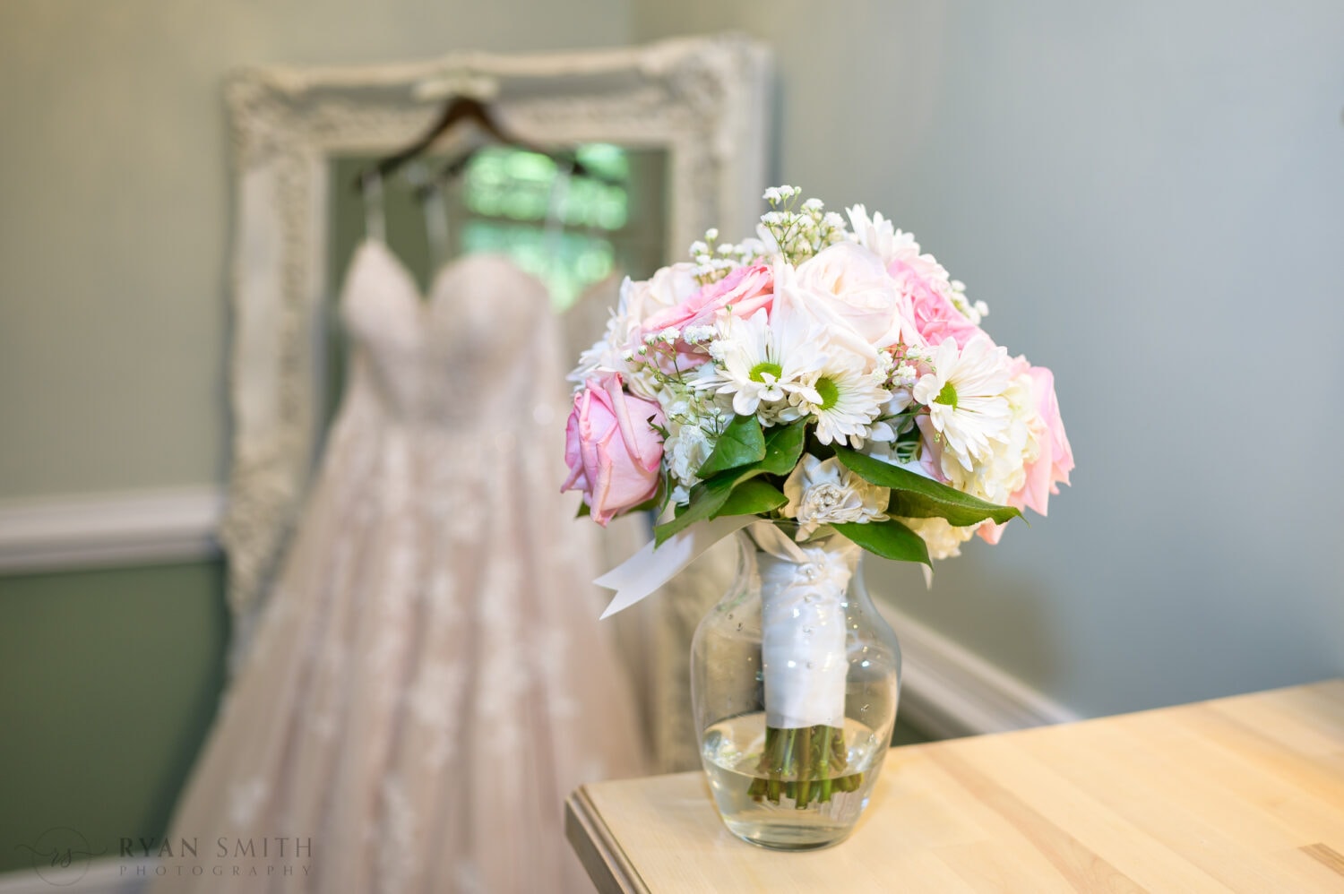 Bouquet with dress in the background - Pawleys Plantation