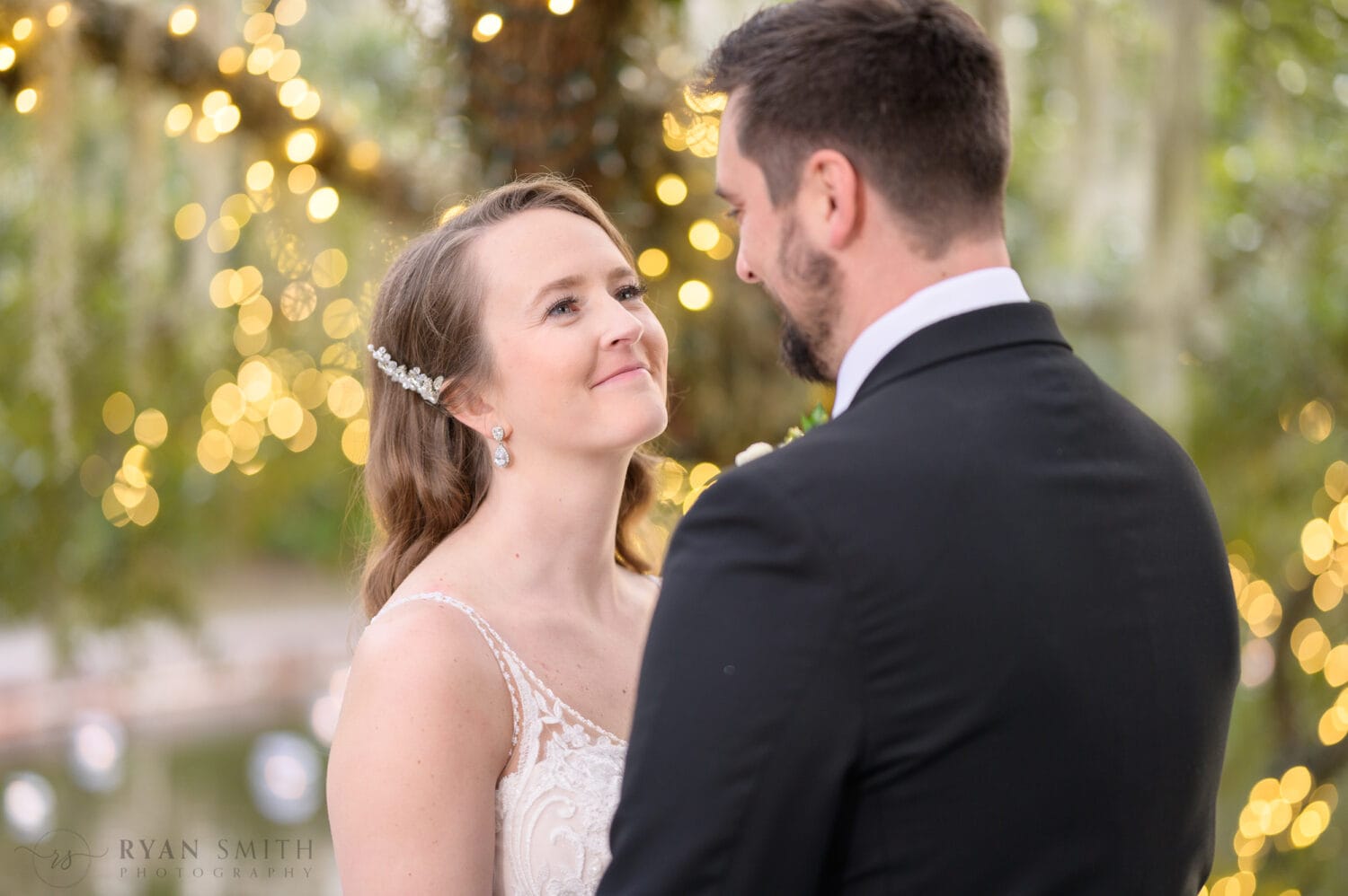 Bride looking into grooms eyes - Diana of the Chase Fountain - Brookgreen Gardens