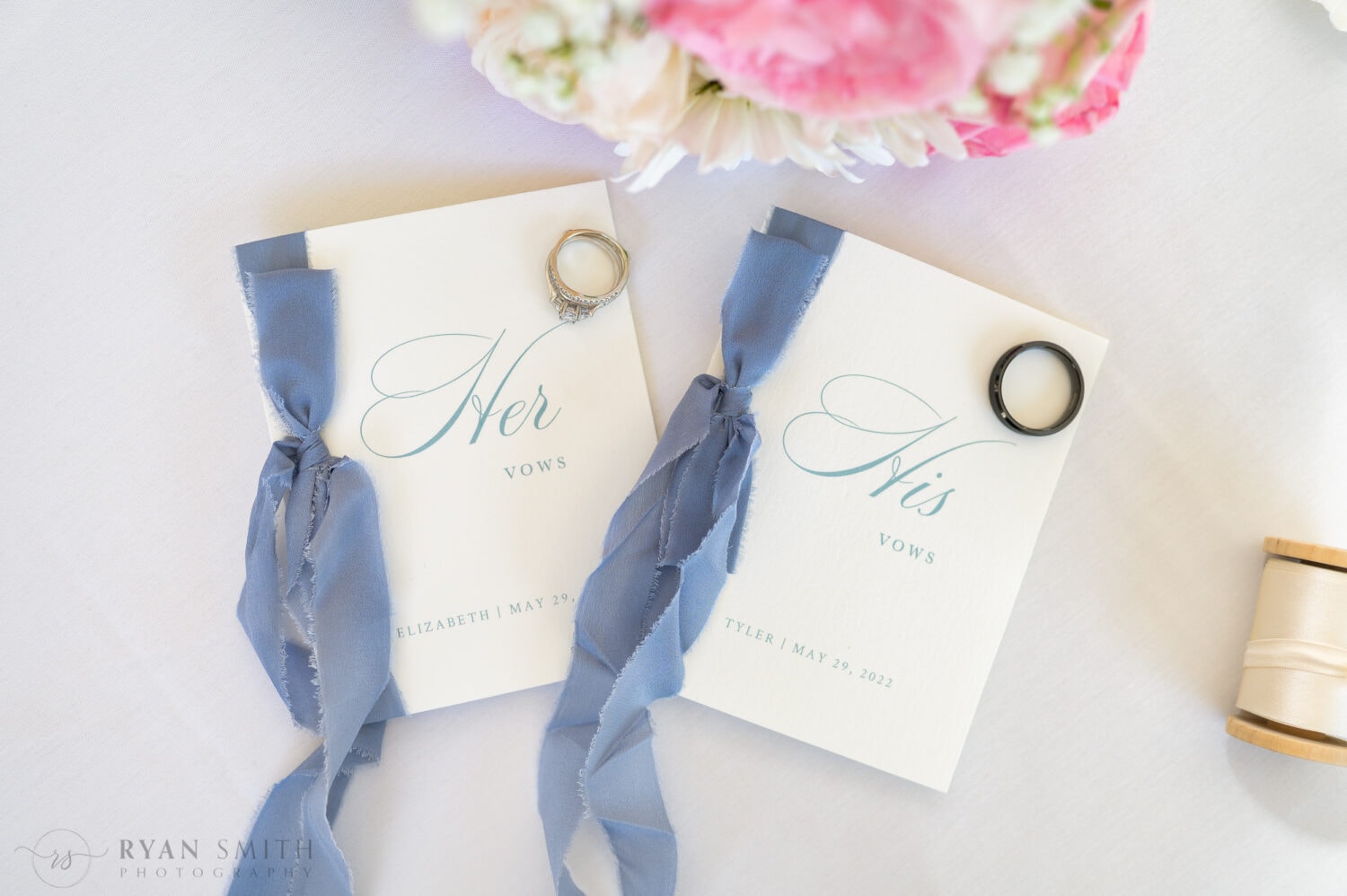 Pictures of wedding details with rings and invitation - Pawleys Plantation