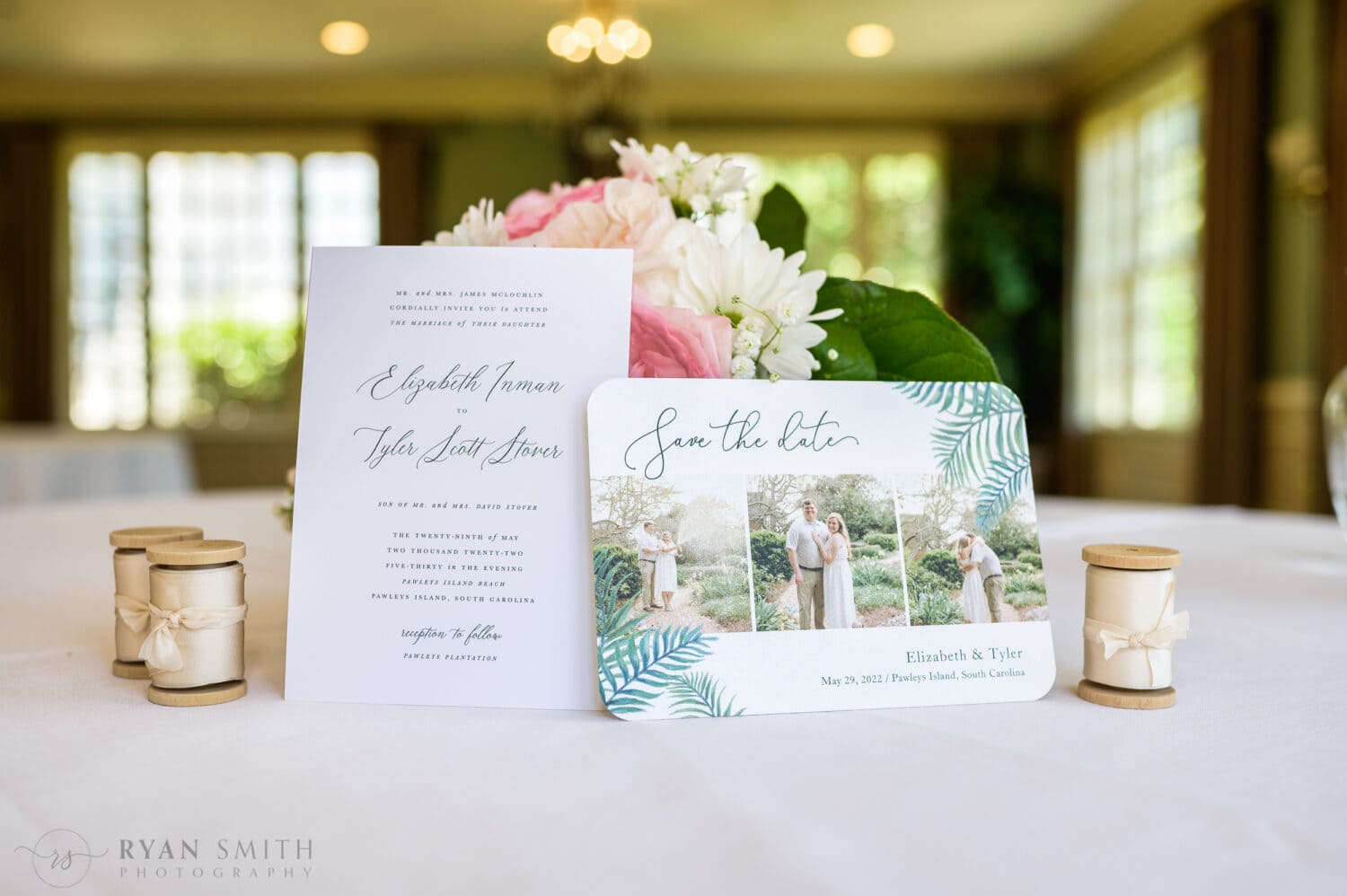 Pictures of wedding details with rings and invitation - Pawleys Plantation