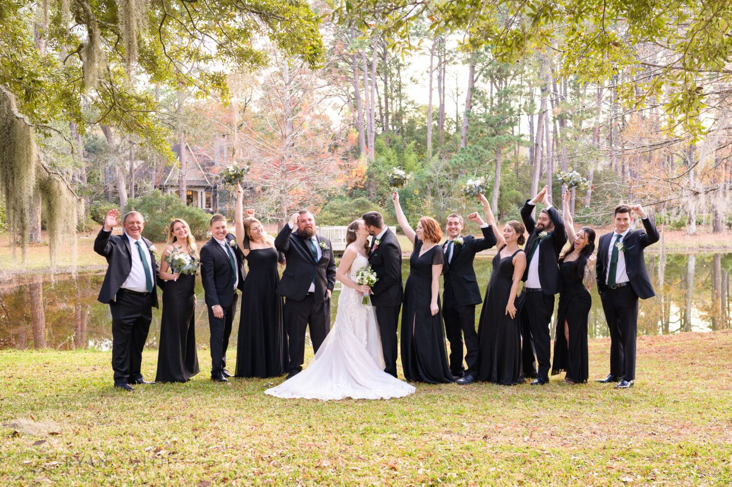 Wedding party cheering for a kiss - Brookgreen Gardens