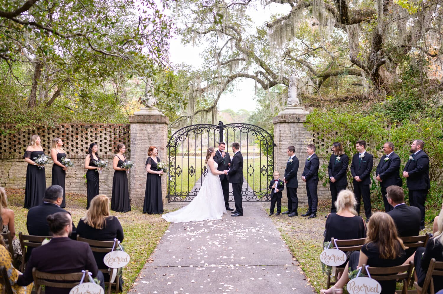 Wedding party standing by the iron gates at the Holiday Cottage - Brookgreen Gardens