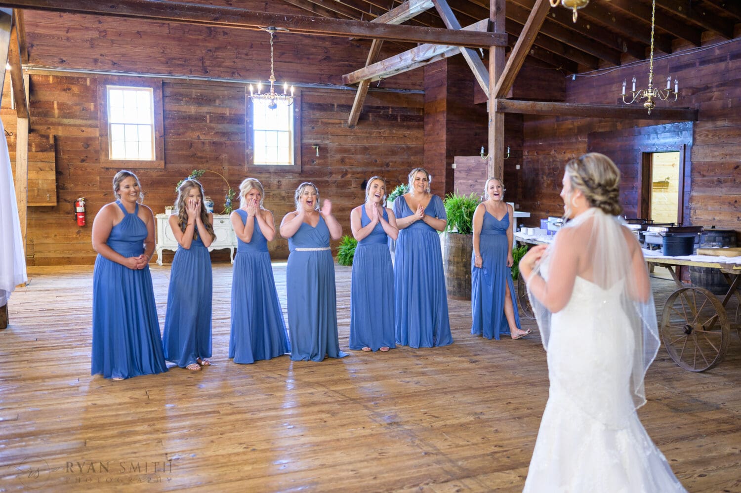 First look with the bridesmaids - The Peanut Warehouse - Conway