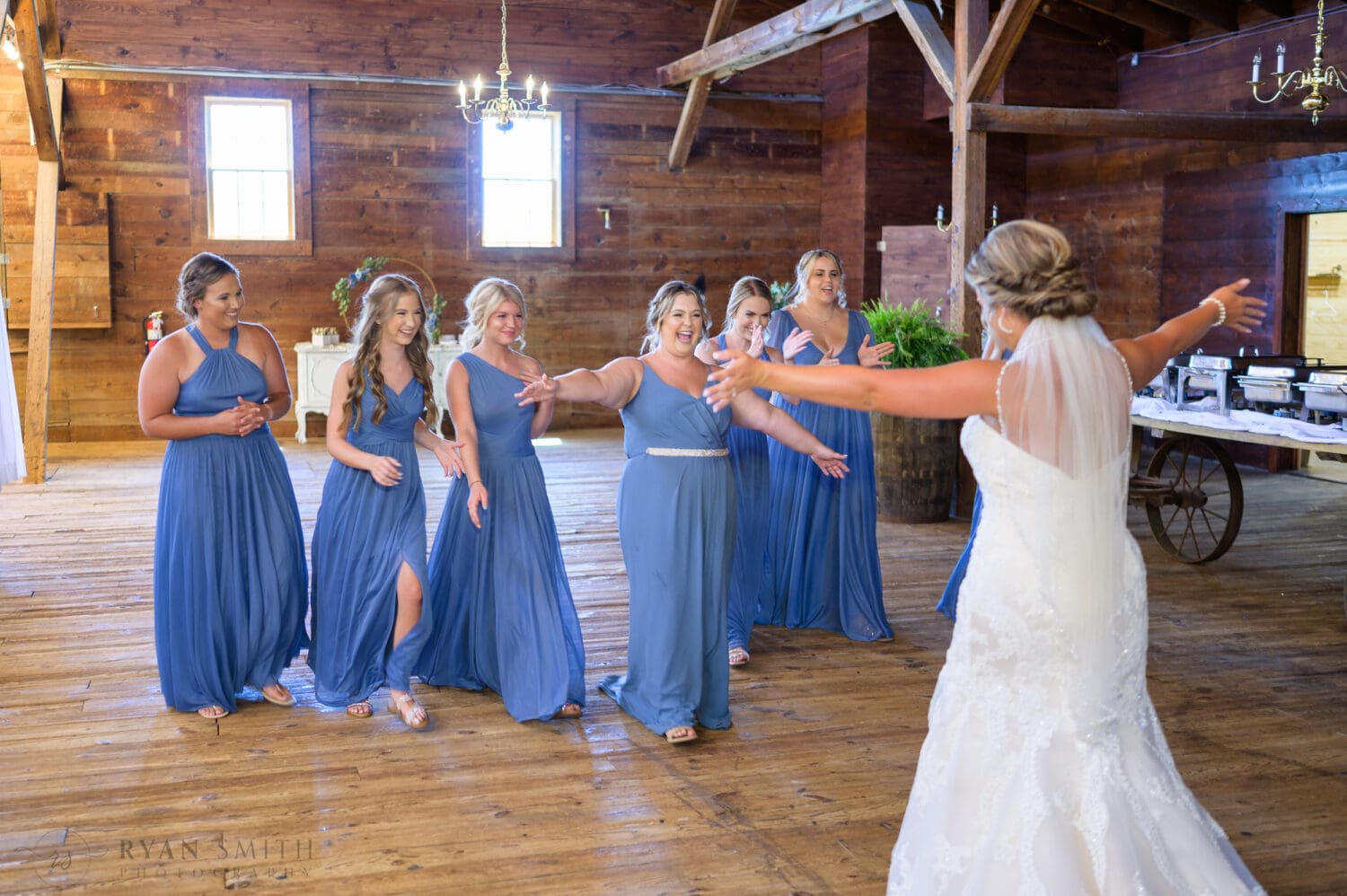 First look with the bridesmaids - The Peanut Warehouse - Conway