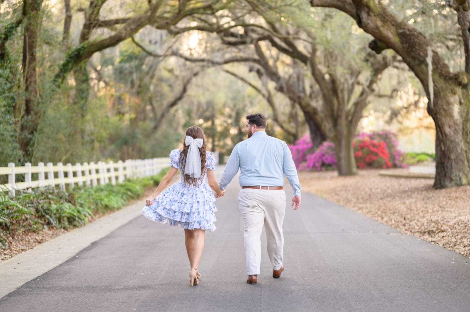 Holding hands walking under the oaks - Caledonia Golf and Fish Club
