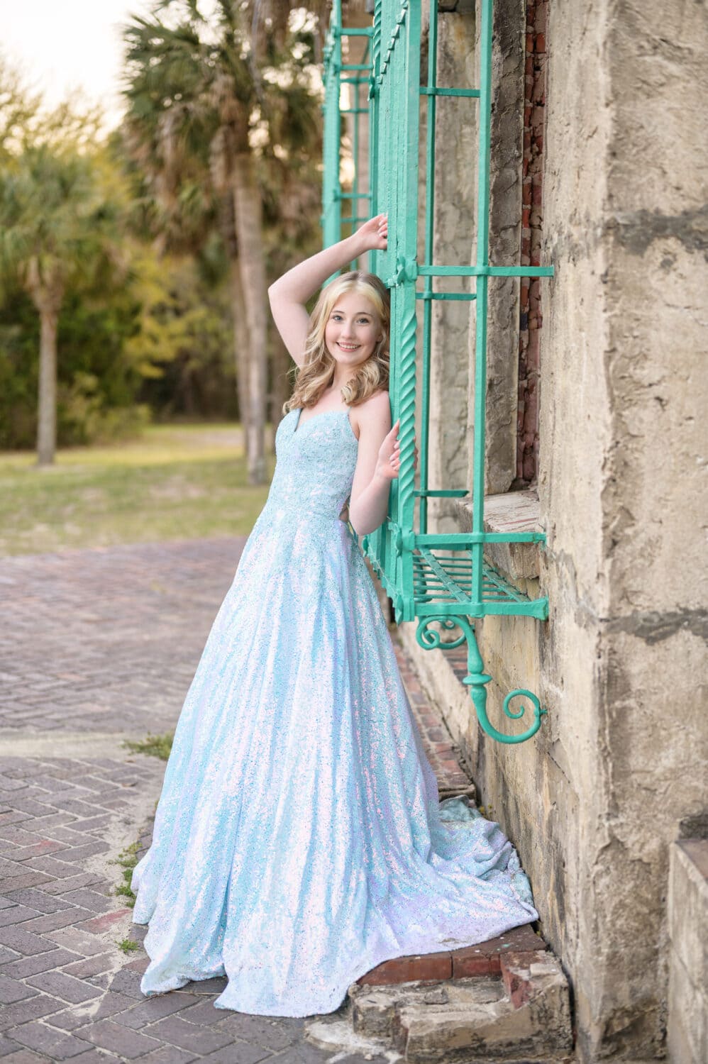 Prom portraits by the castle window - Huntington Beach State Park