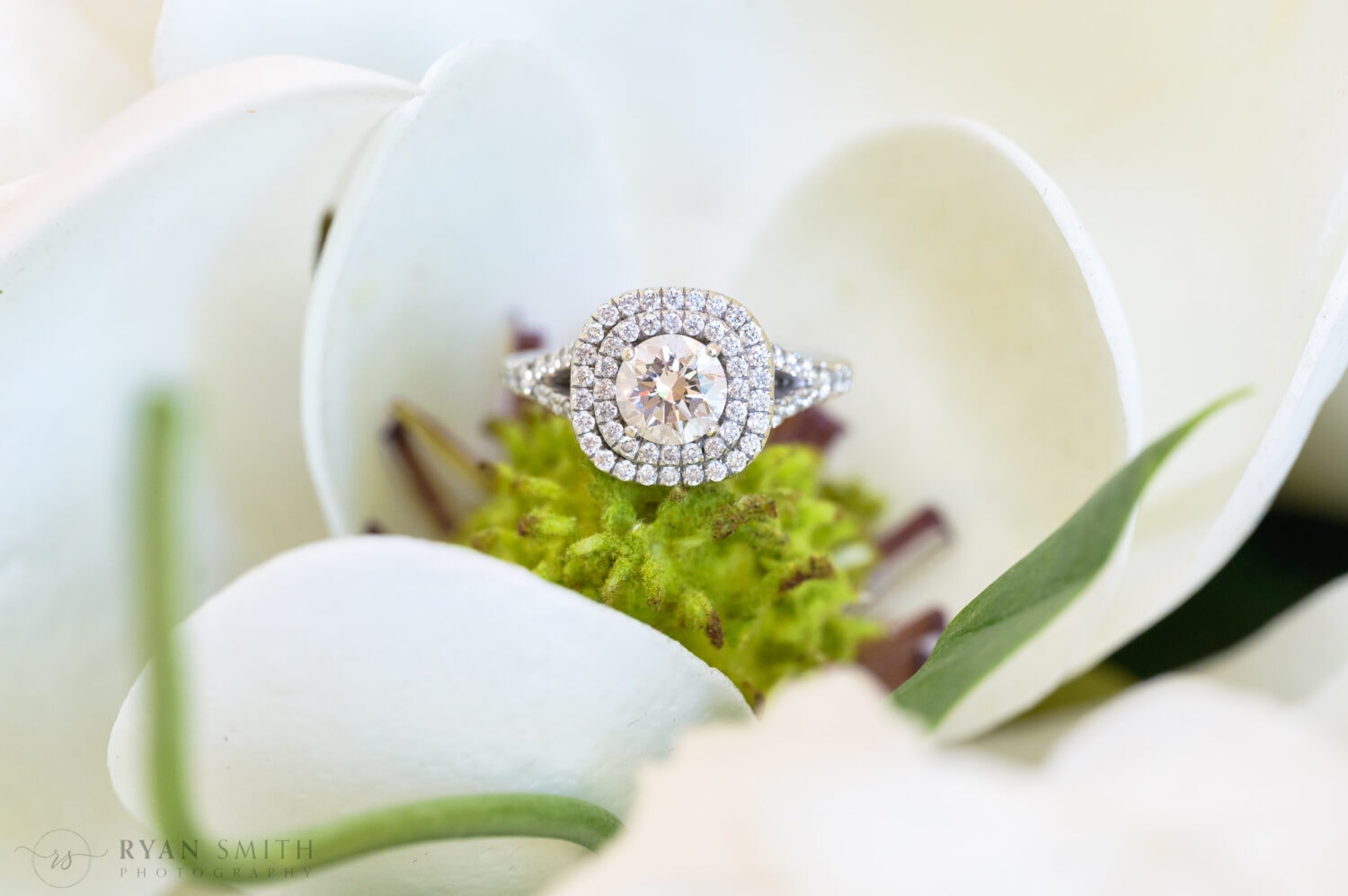 Brides ring laying on the bouquet with Nikon Z 105mm - The Village House at Litchfield