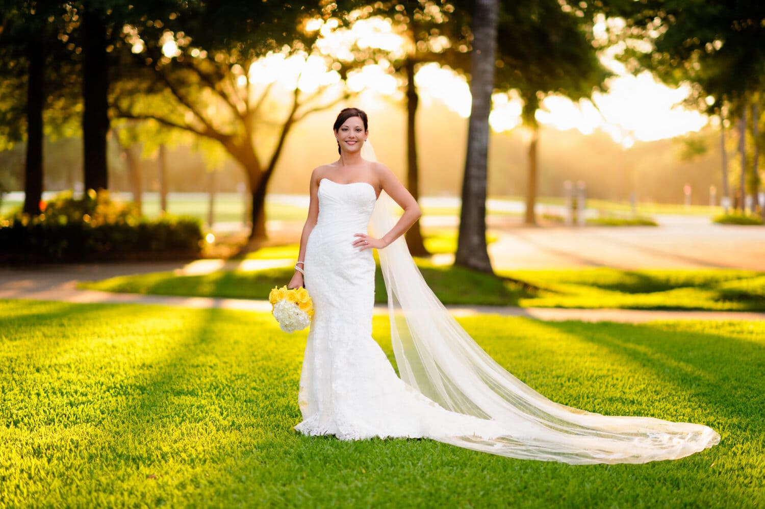 Bridal portrait in front of a beautiful sunset with lots of bokeh - Pawleys Plantation