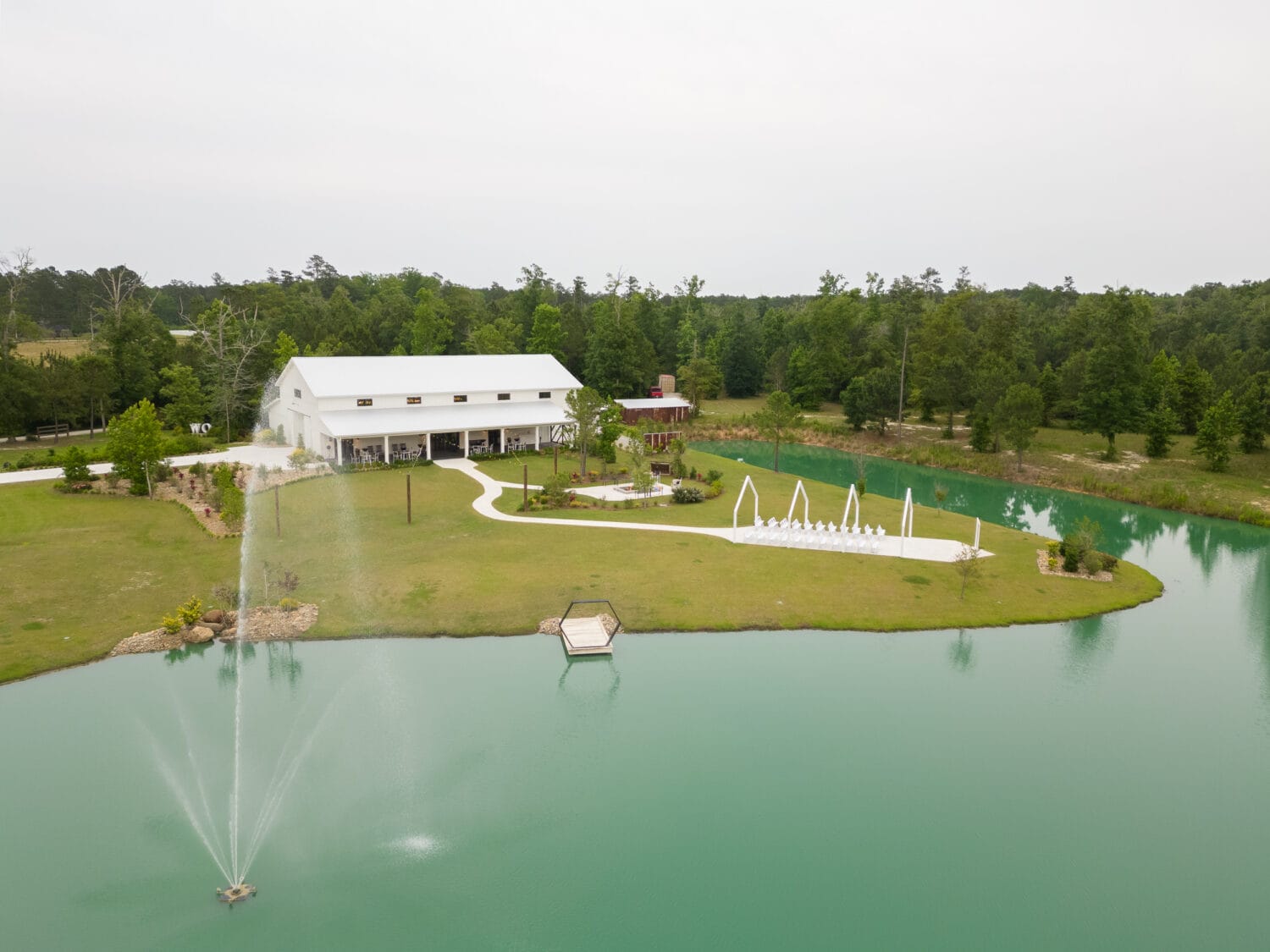 Drone picture over the lake - The Venue at White Oaks Farm