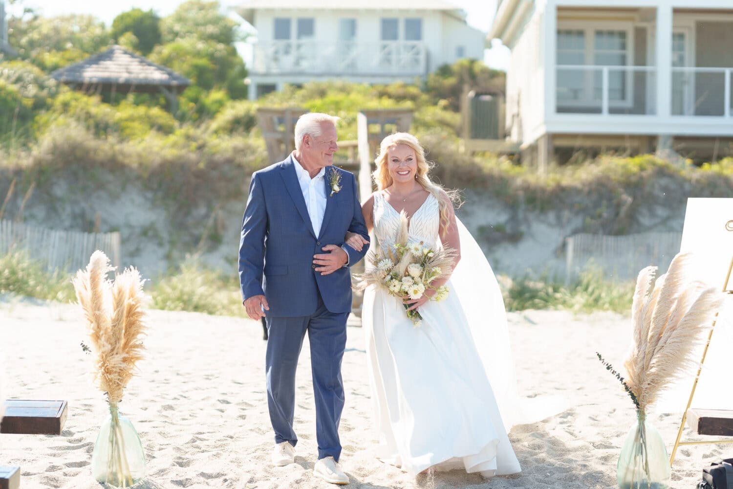Bride and father walking to the ceremony - Beach House in Pawleys Island